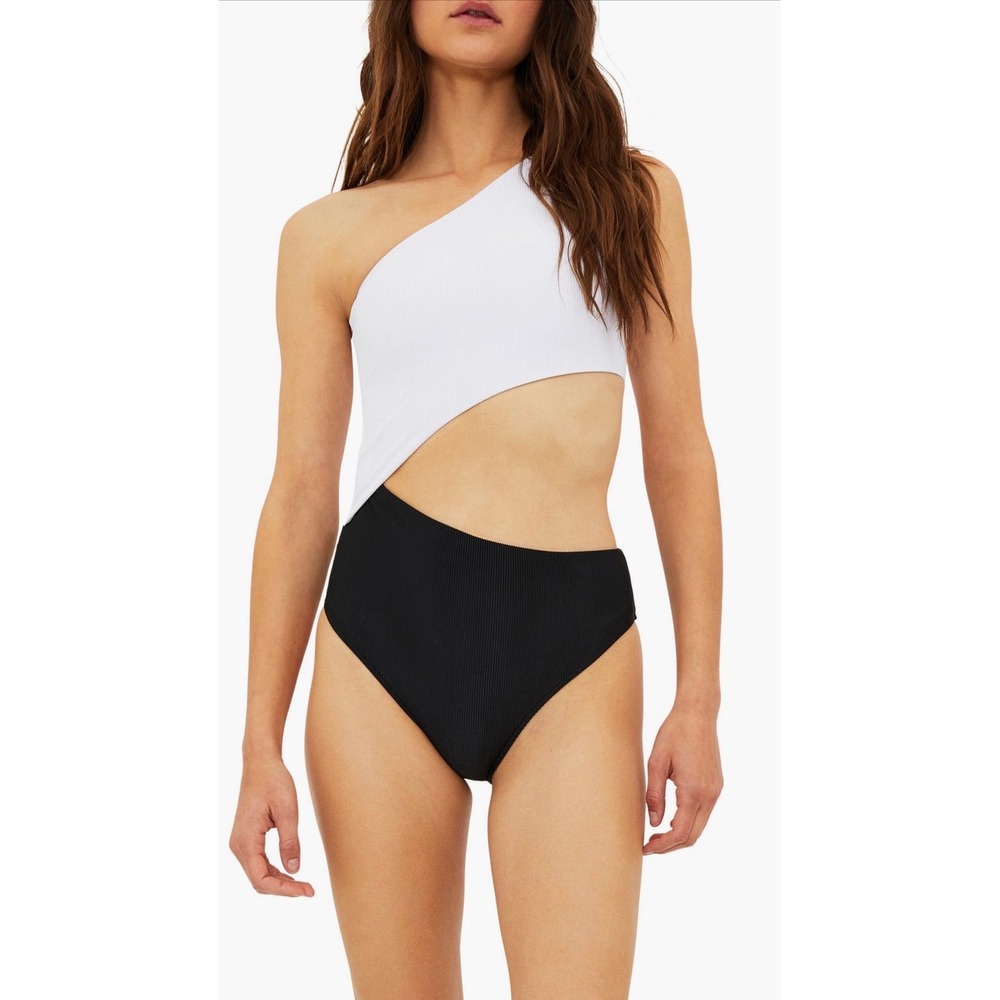 Beach Riot Celine One Piece Swimsuit White Black Ribbed One Shoulder Cutout S